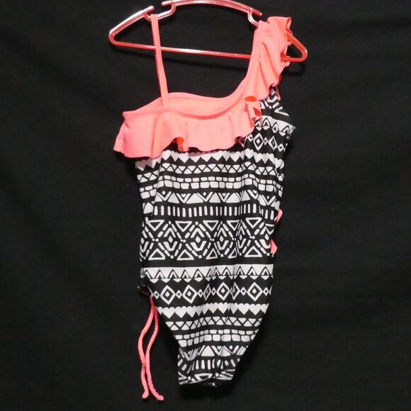 One-Shoulder Black, White, and Pink One Piece Swimsuit With Ruffles | 7-8 years - Picture 2 of 13
